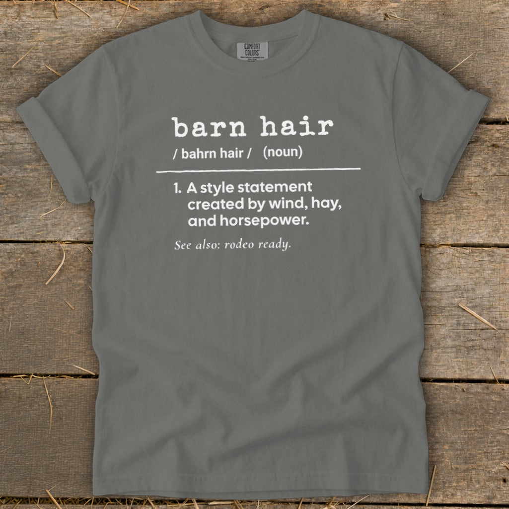 Gray t-shirt with "barn hair" definition text including "rodeo ready".