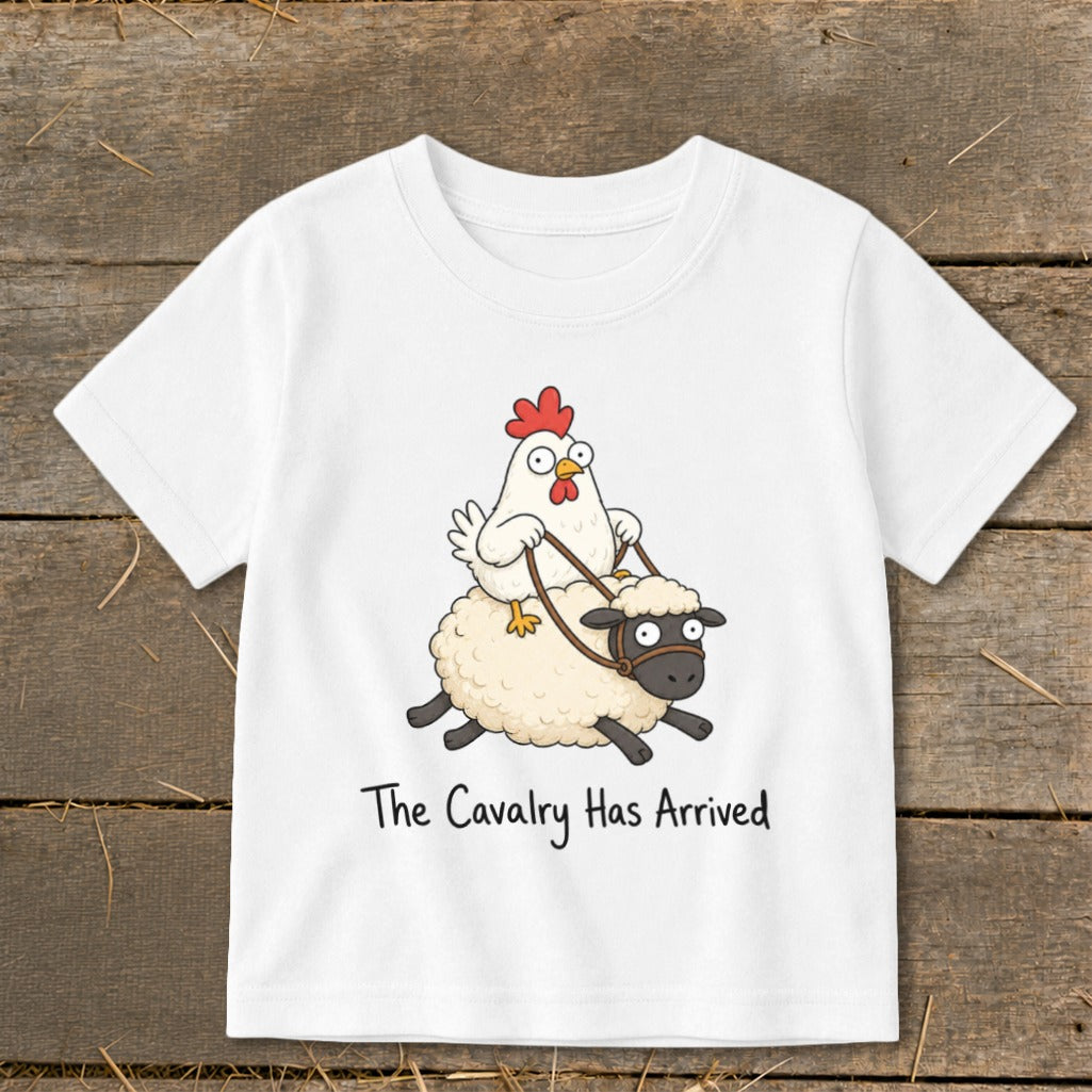 White t-shirt featuring cartoon chicken riding a sheep with the text "The Cavalry Has Arrived."
