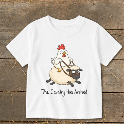 White t-shirt featuring cartoon chicken riding a sheep with the text "The Cavalry Has Arrived."