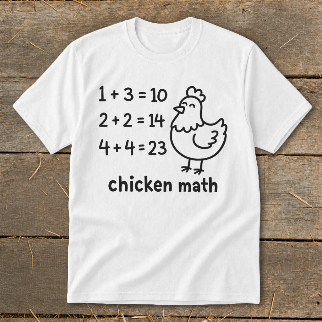 White t-shirt with "chicken math" text and a cartoon chicken illustration.
