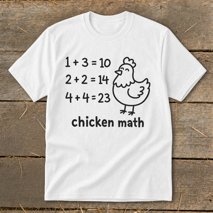 White t-shirt with "chicken math" text and a cartoon chicken illustration.