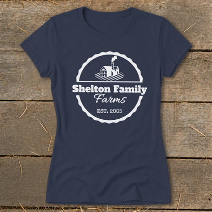 Navy t-shirt with white Shelton Family Farms Est. 2005 logo and house graphic.