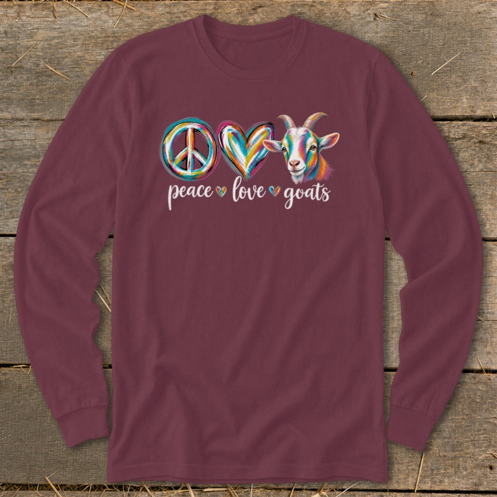 Long sleeve shirt with peace, love, goats graphic and colorful goat illustration.