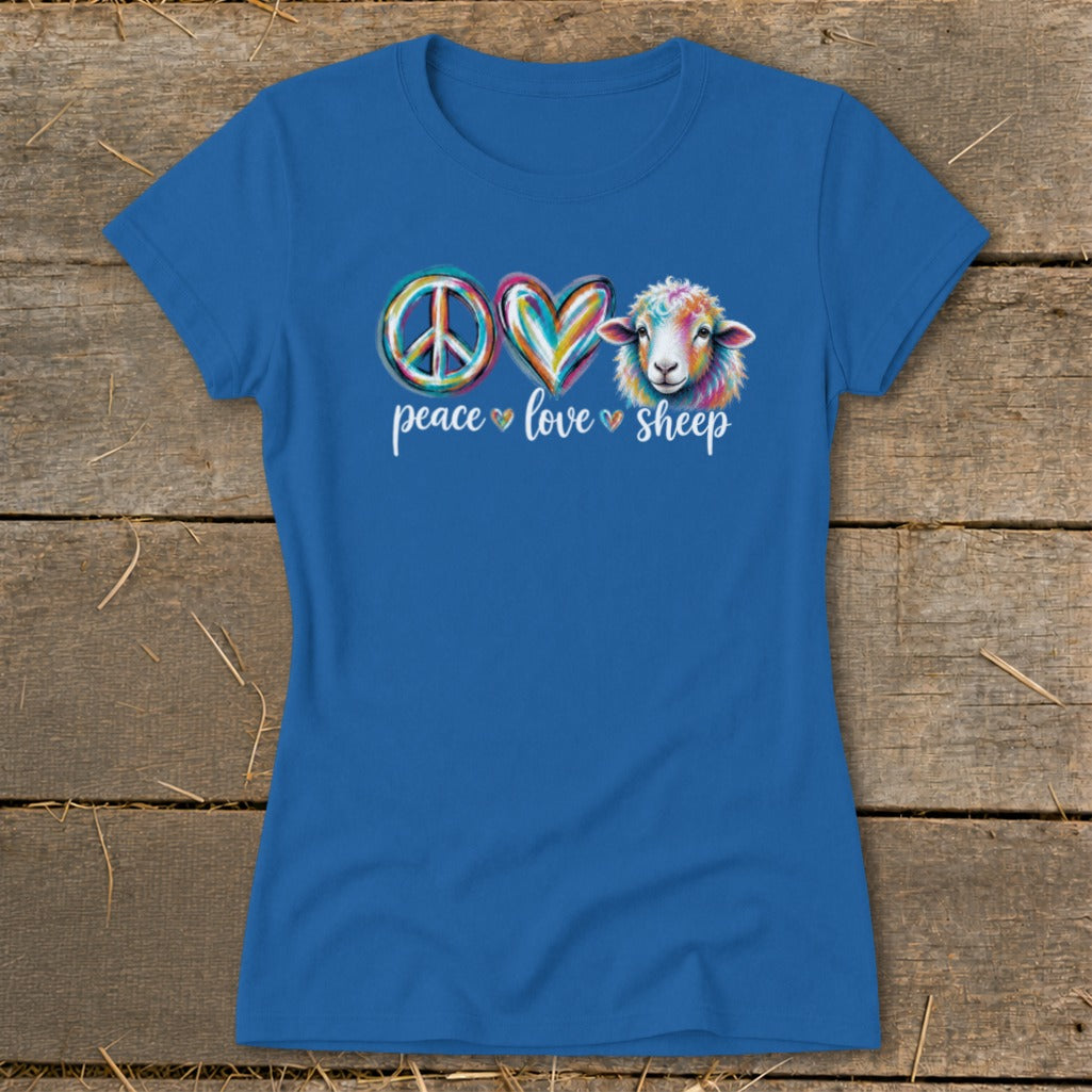 Blue t-shirt with peace, love, and sheep graphic.