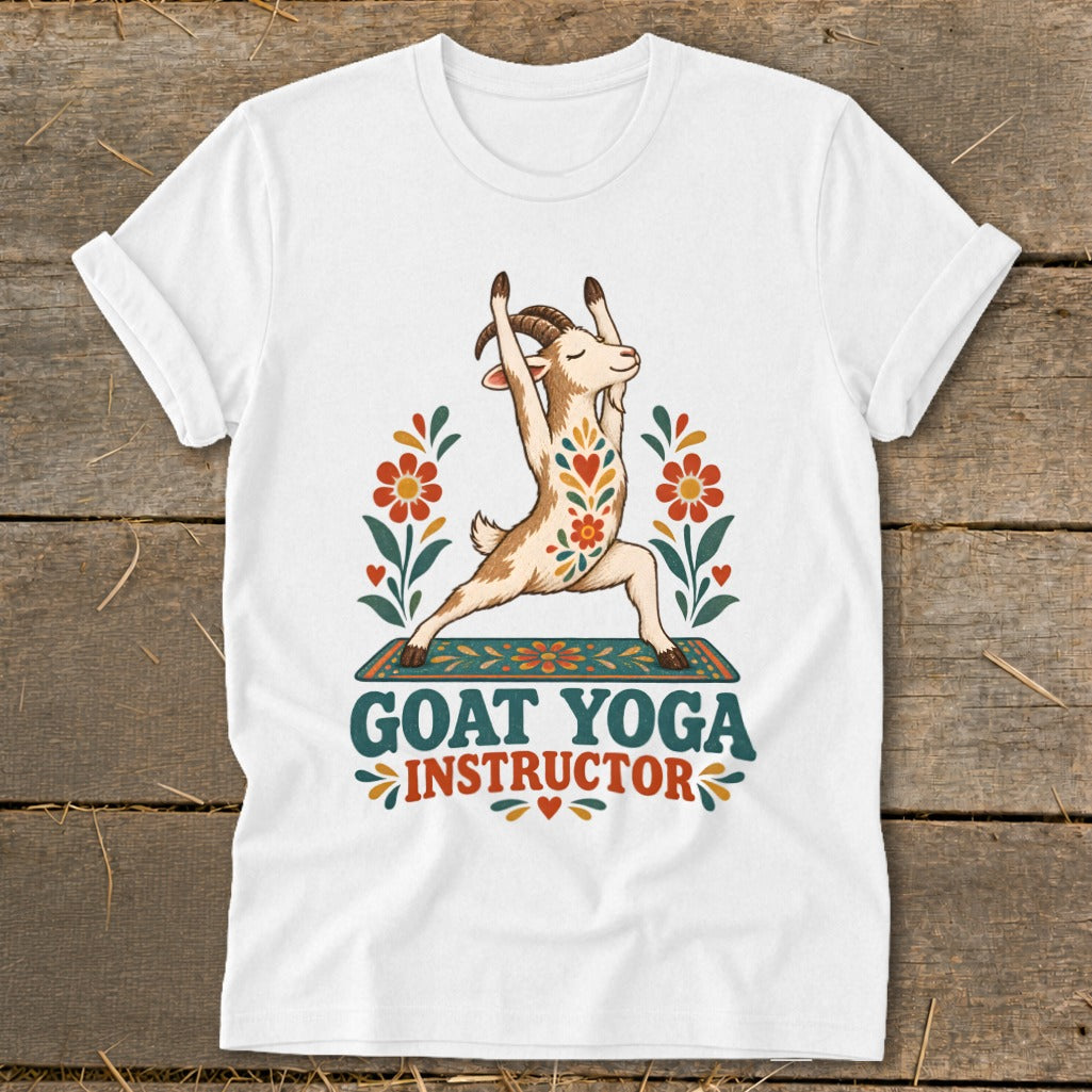 Goat in yoga pose on mat with "GOAT YOGA INSTRUCTOR" text.