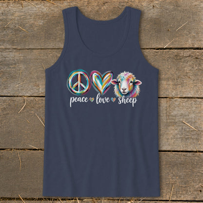 Navy tank top with peace, love, sheep graphic and sheep illustration.