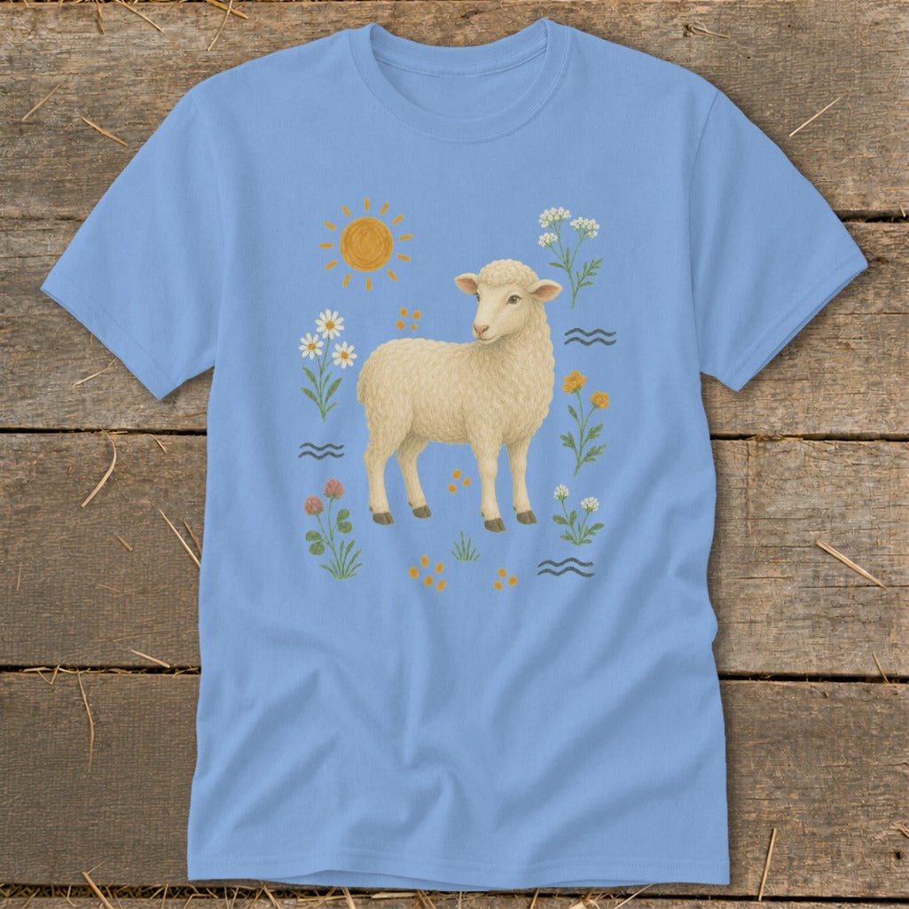 Light blue t-shirt with a cream sheep and floral illustration.