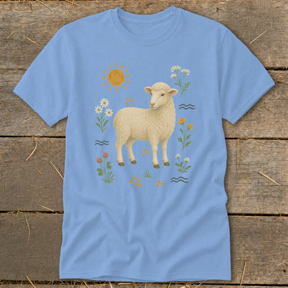 Light blue t-shirt with a cream sheep and floral illustration.