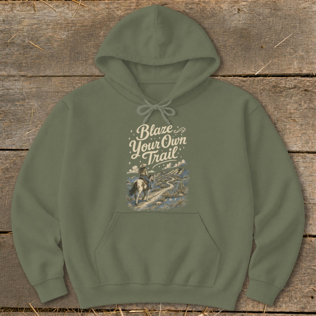 Green hoodie with "Blaze Your Own Trail" text and a cowboy on horseback.