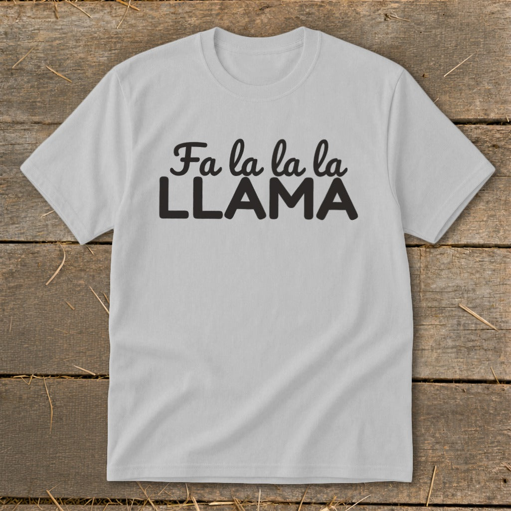 Light gray t-shirt with "Fa la la la LLAMA" text.