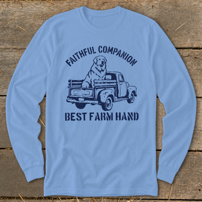 Blue long-sleeve shirt with dog in truck graphic and text "Faithful Companion Best Farm Hand".