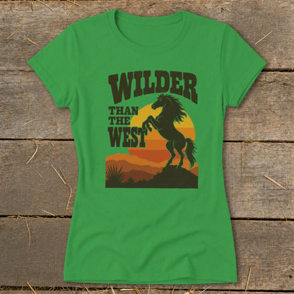 Green t-shirt with silhouette of horse rearing, "Wilder Than The West" text.