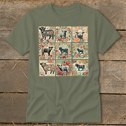 T-shirt with a 3x3 grid of Highland cows and floral patterns.