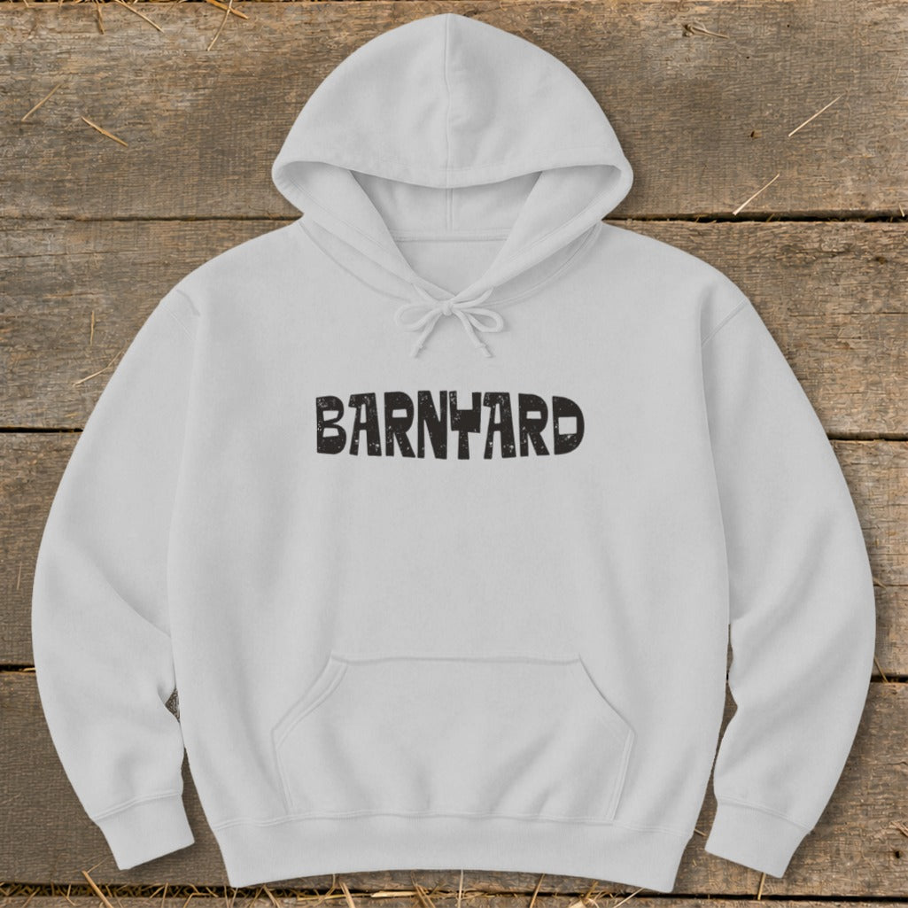A light gray hooded sweatshirt with a front pocket and the word Barnyard printed in distressed black letters.