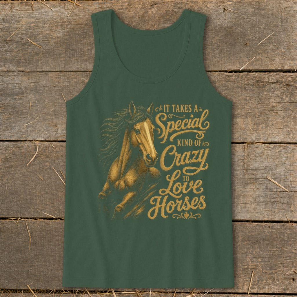 Green tank top with horse graphic and text "It takes a special kind of crazy to love horses".