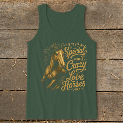 Green tank top with horse graphic and text "It takes a special kind of crazy to love horses".