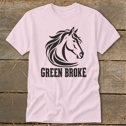 Light pink short-sleeve t-shirt featuring a black graphic of a horse head and the words Green Broke.