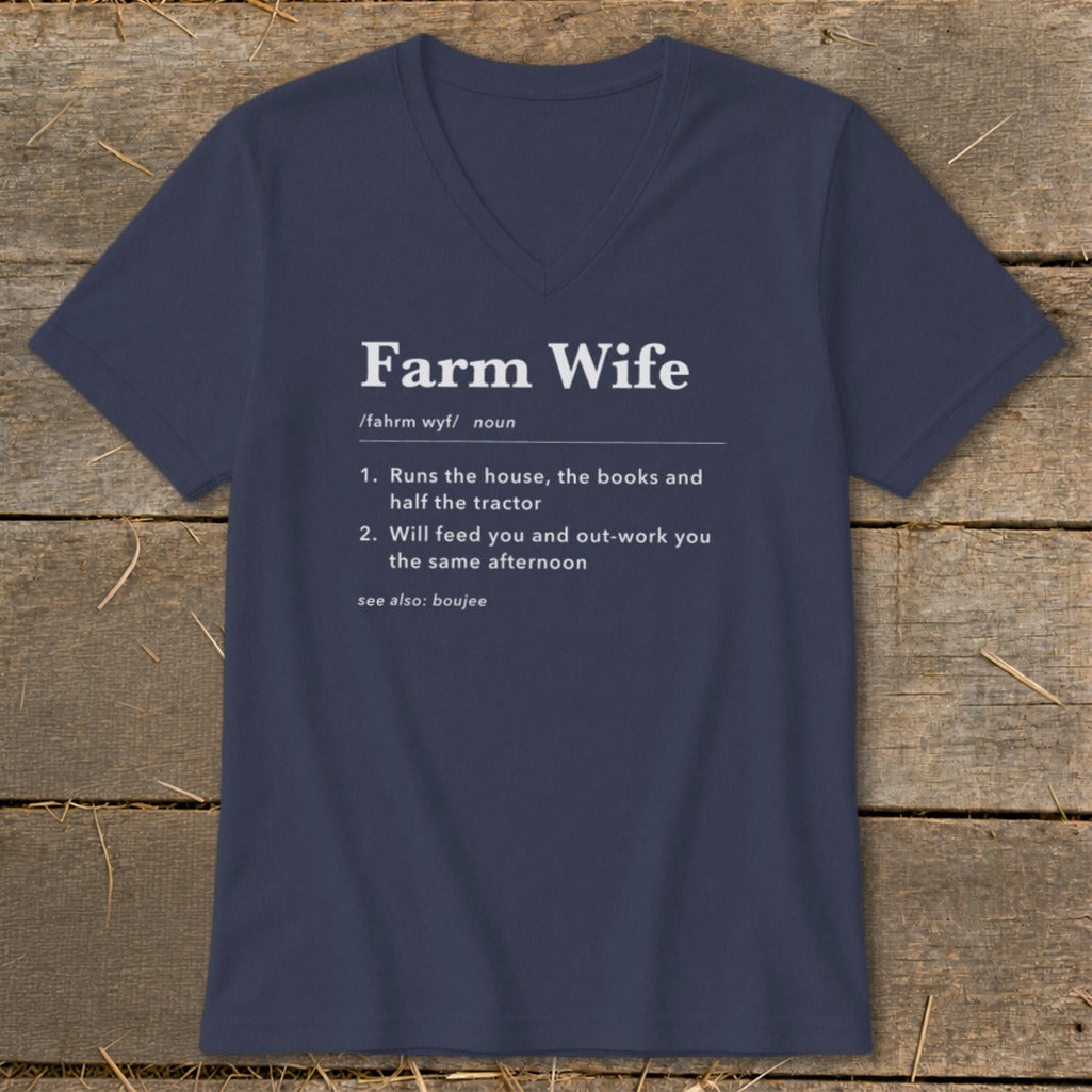 Navy t-shirt with "Farm Wife" definition and rural illustrations.