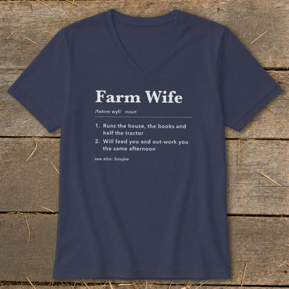 Navy t-shirt with "Farm Wife" definition and rural illustrations.