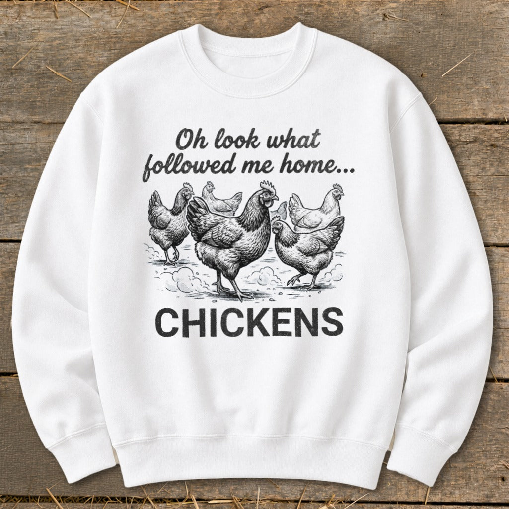 White sweatshirt with illustration of five chickens and text "CHICKENS".