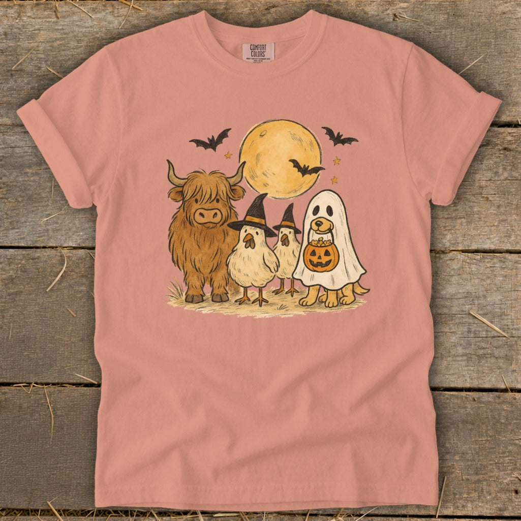 Highland cow, chickens in witch hats, and dog in ghost costume with pumpkin basket.