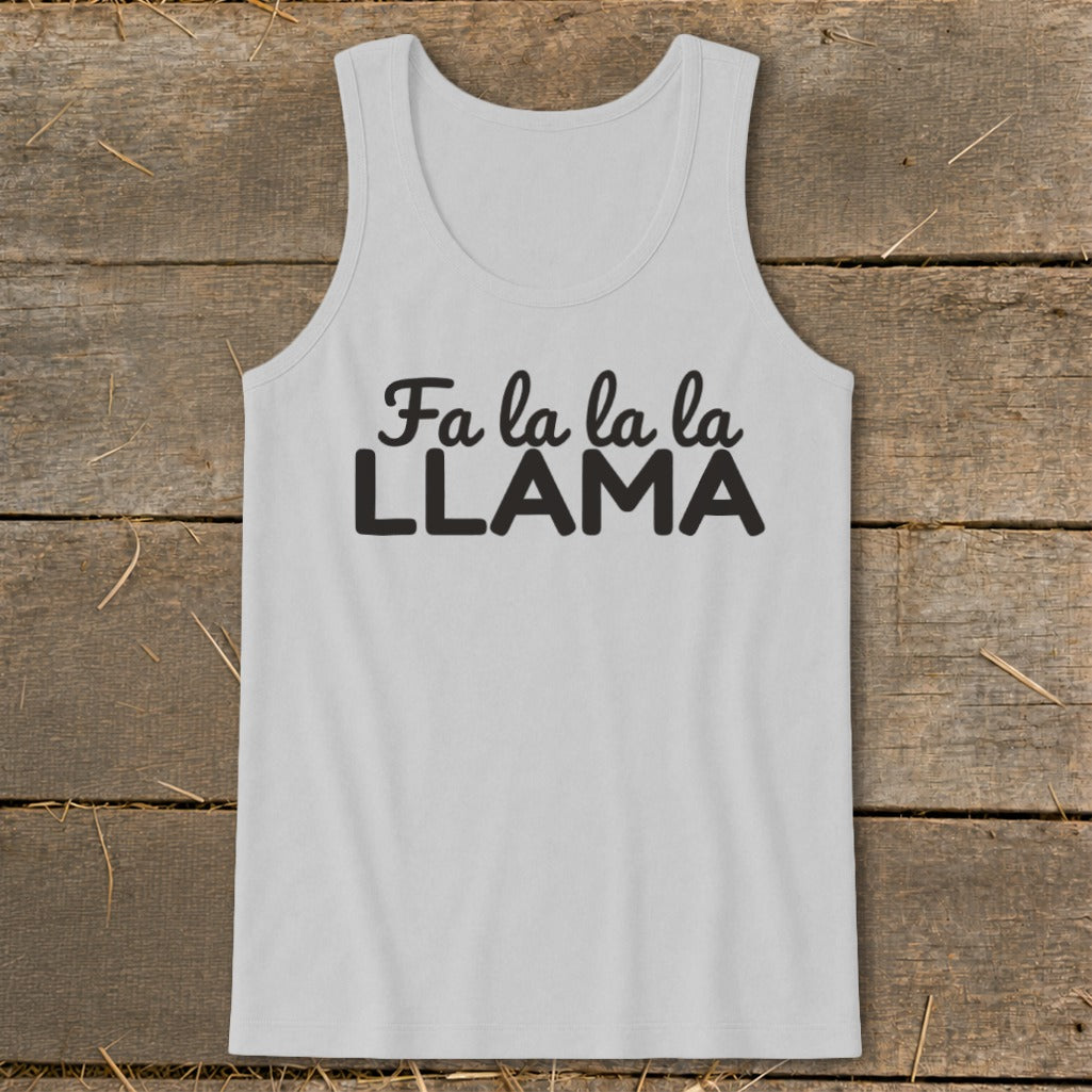 White tank top with "Fa la la la LLAMA" text in black.