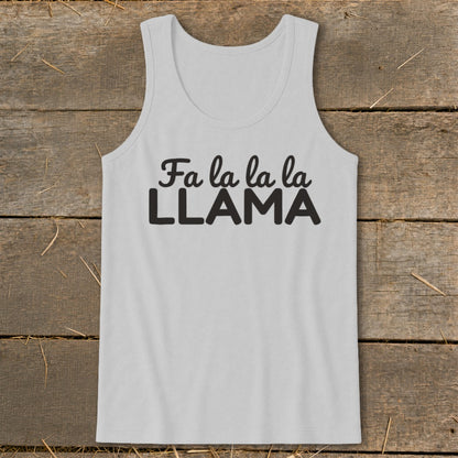White tank top with "Fa la la la LLAMA" text in black.