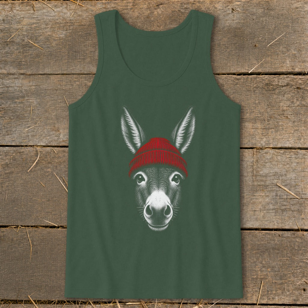 Forest green tank top featuring a white sketch of a donkey wearing a red knit beanie.