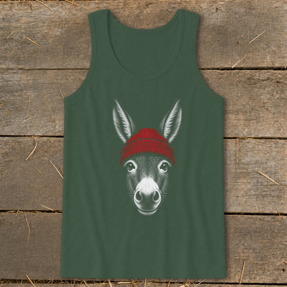Forest green tank top featuring a white sketch of a donkey wearing a red knit beanie.