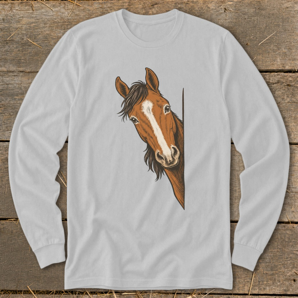 Light grey long-sleeve t-shirt with a brown horse head peeking from the side.