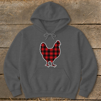 Gray hooded sweatshirt with a red and black buffalo plaid chicken graphic.
