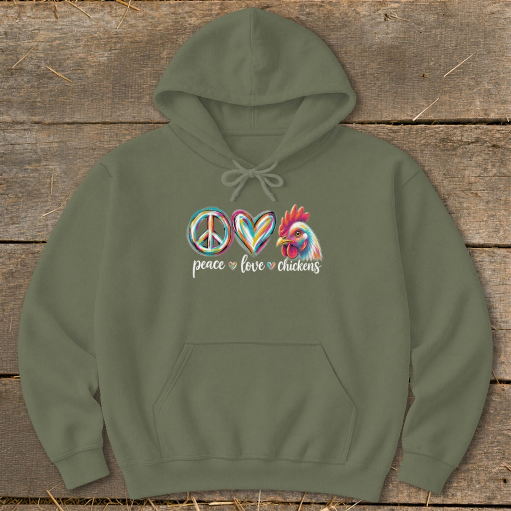 Olive green hoodie with "peace love chickens" text and a colorful chicken graphic.