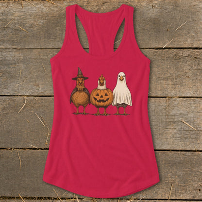 Red tank top with three chickens in Halloween costumes: witch, pumpkin, and ghost.