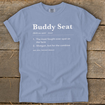 Light blue t-shirt with "Buddy Seat" definition.