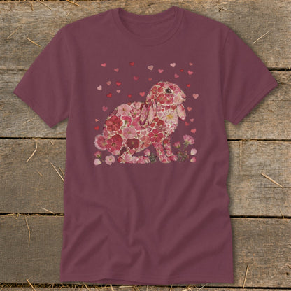 Maroon t-shirt with a floral bunny graphic and scattered pink hearts.