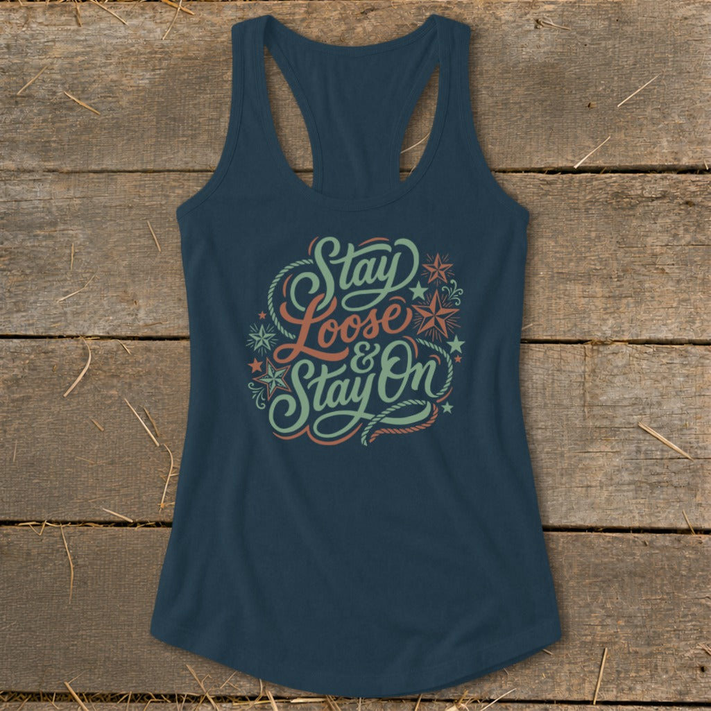 Navy racerback tank top with "Stay Loose & Stay On" text and rope and star design.