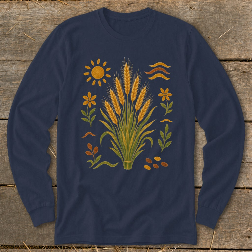 Navy long sleeve shirt with central wheat stalk illustration surrounded by flowers, sun, and grains.