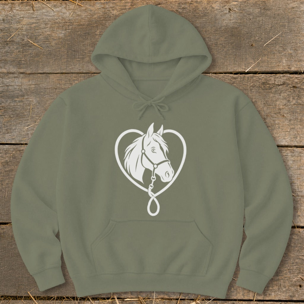 An olive green hooded sweatshirt featuring a white graphic of a horse head inside a heart.