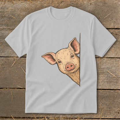 Light grey t-shirt with a cartoon pig peeking from the side.