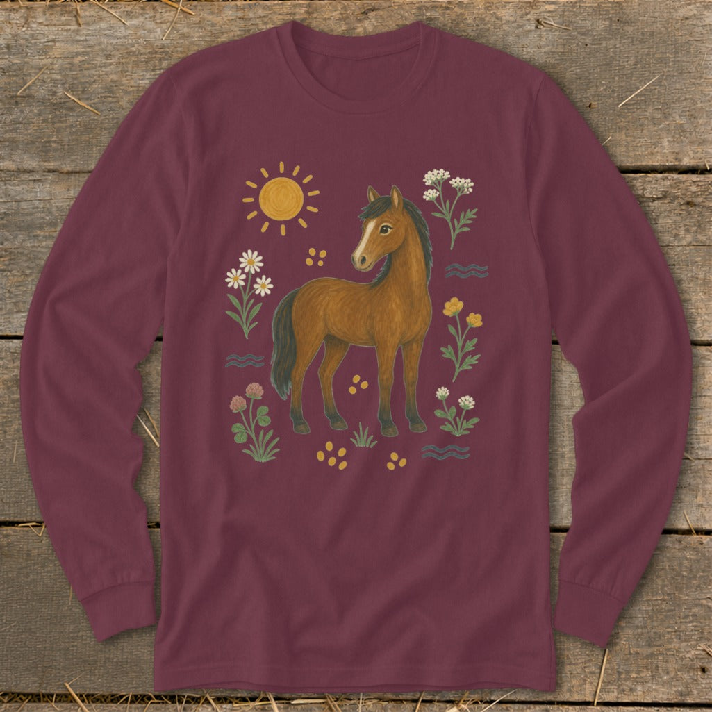 Maroon long-sleeve shirt with a brown horse, sun, and floral illustrations.