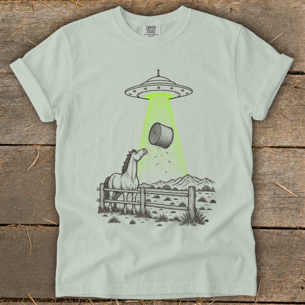 UFO beams hay bale into air above horse in fenced pasture.