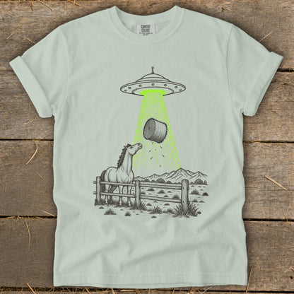 UFO beams hay bale into air above horse in fenced pasture.