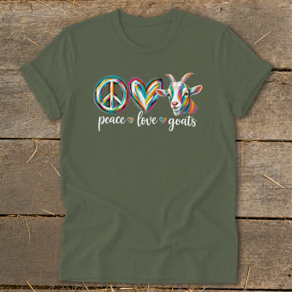 Green t-shirt with peace sign, heart, and colorful goat graphic.