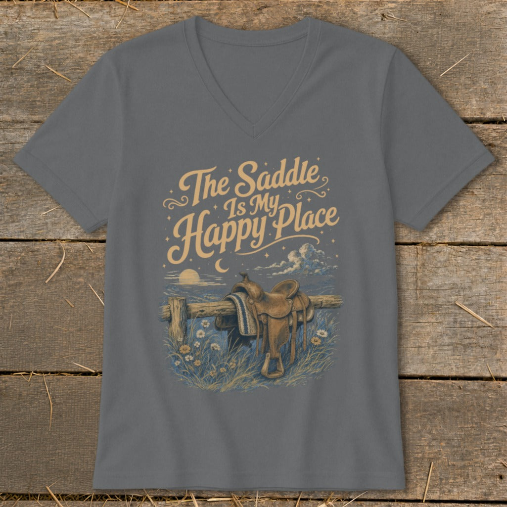Gray t-shirt with "The Saddle Is My Happy Place" text and saddle graphic.