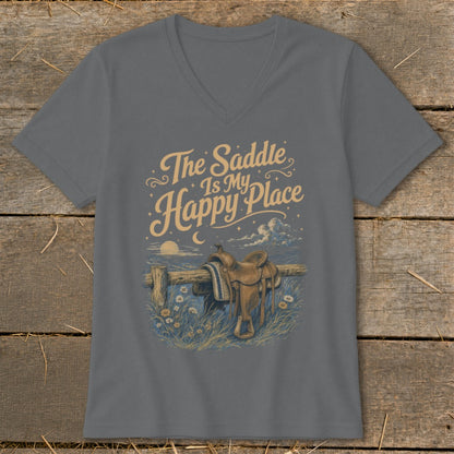Gray t-shirt with "The Saddle Is My Happy Place" text and saddle graphic.