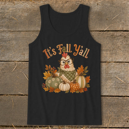 Chicken with glasses and bandana surrounded by pumpkins and autumn leaves, text "It's Fall Y'all".