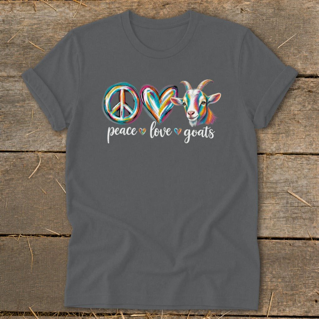 Gray t-shirt with "Peace Love Goats" text and colorful peace sign, heart, and goat graphic.