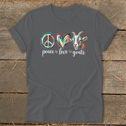Gray t-shirt with "Peace Love Goats" text and colorful peace sign, heart, and goat graphic.