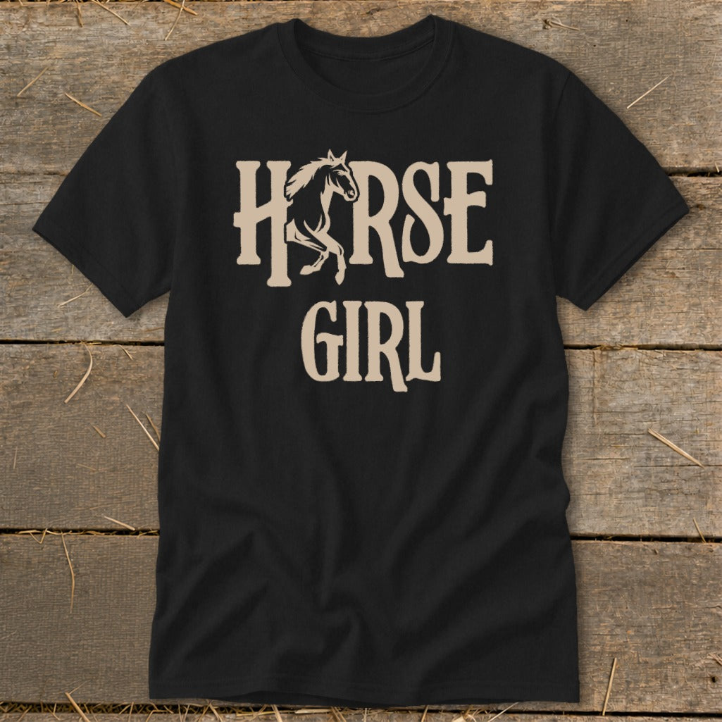 Black t-shirt with "HORSE GIRL" text and a jumping horse graphic.