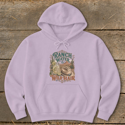Lavender hoodie with "Ranch Water & Wild Hair" graphic featuring a drink and hat.